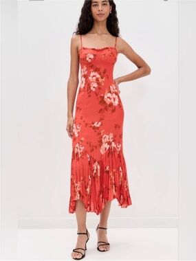 Reformation Coral Red Floral Spaghetti-Strap Midi Dress